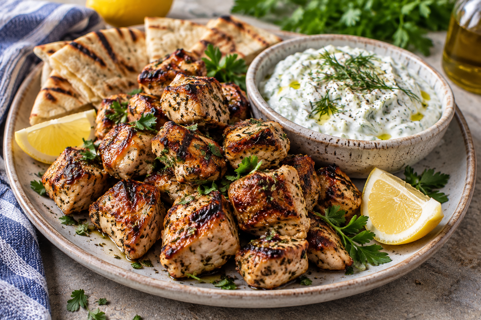 Greek Chicken Souvlaki Bites with Tzatziki