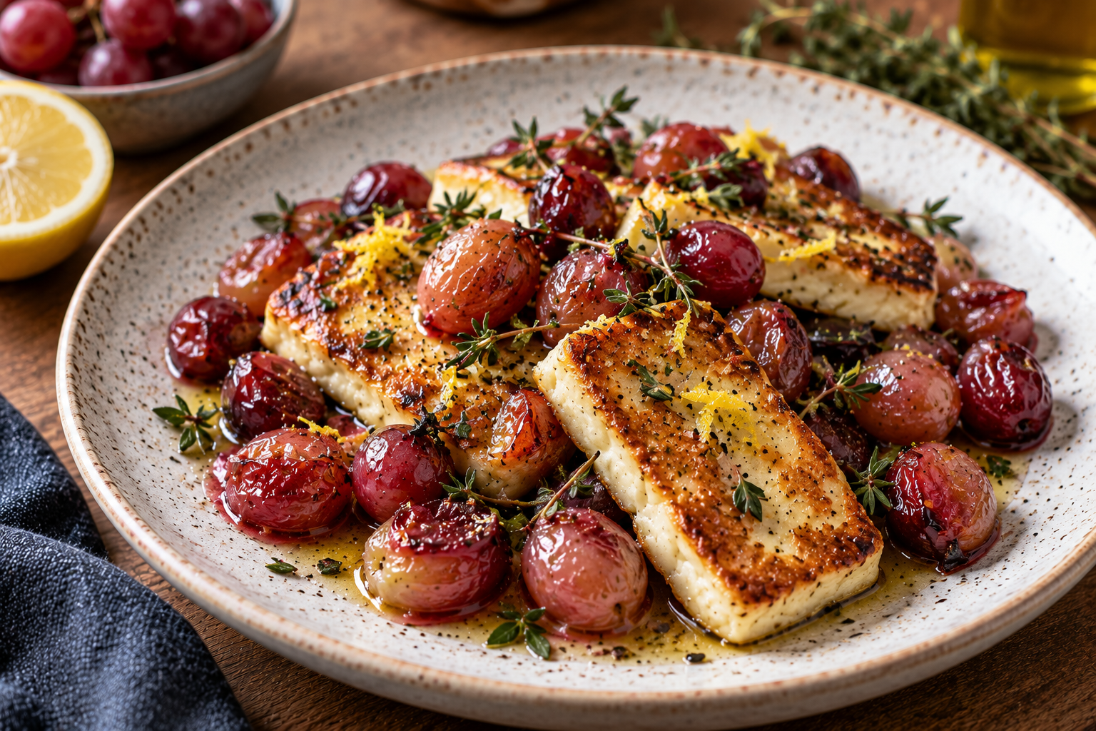 Halloumi with Roasted Grapes, Lemon & Thyme