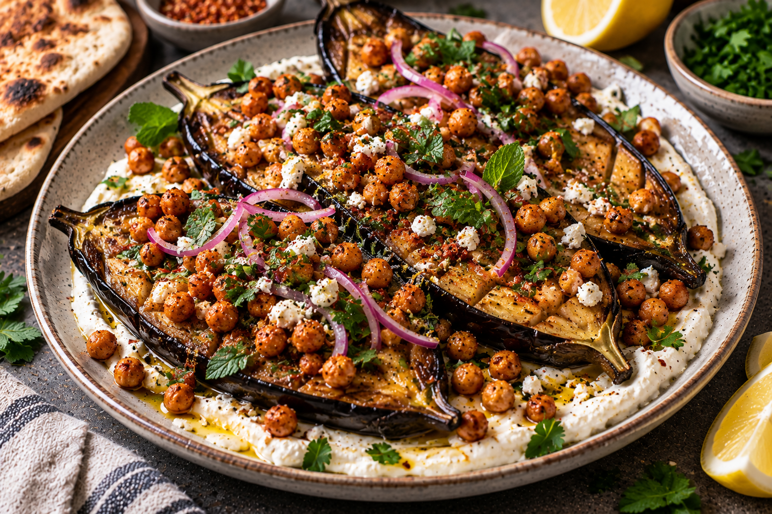 Roasted Eggplant with Whipped Feta, Chickpeas & Lemon