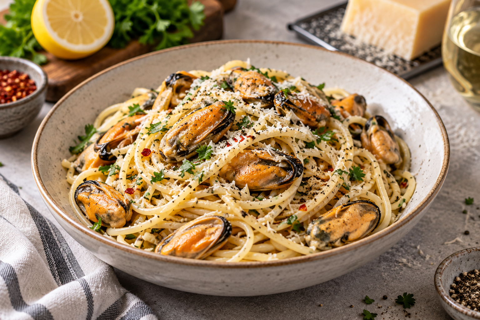 White Wine Garlic Mussel Spaghetti
